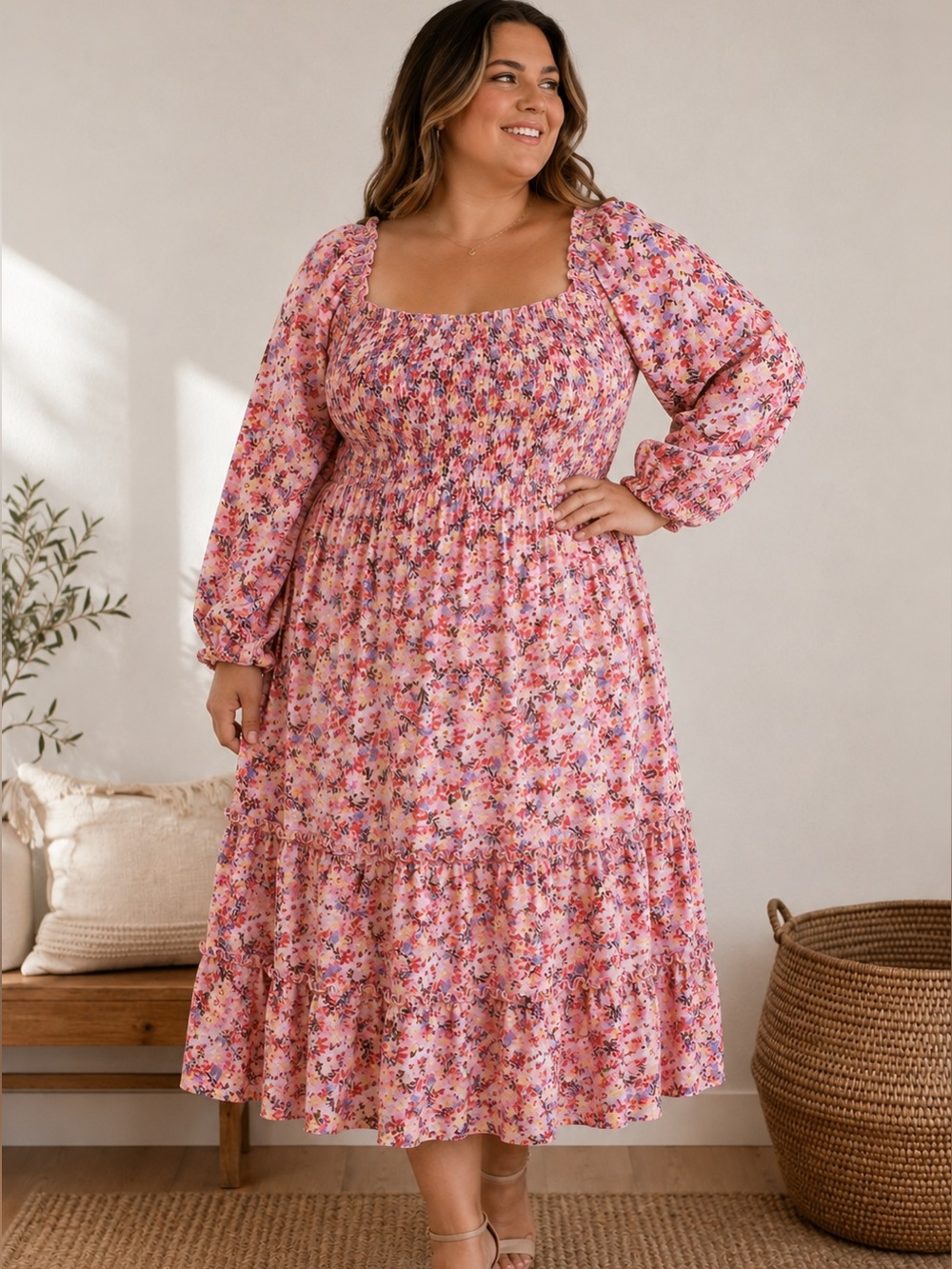 As U Wish Pink Floral Midi Dress Plus Size 2X Smocked Tiered Lightweight Airy